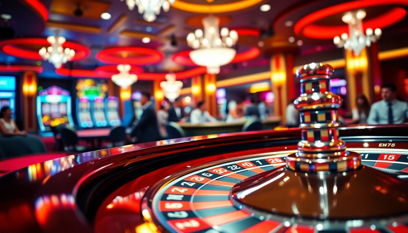 Main action of PLANET77 roulette table with colorful chips and a spinning wheel in a vibrant casino.