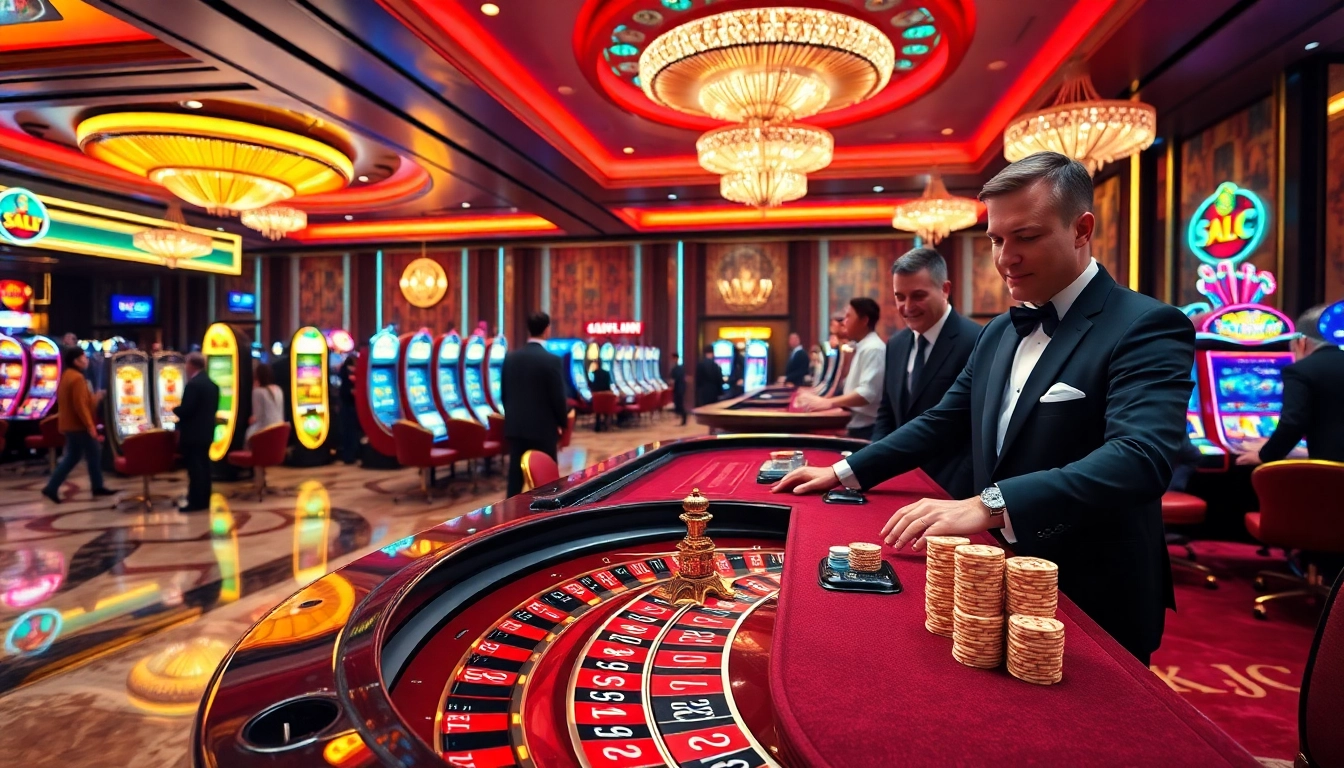 Players engaged in lively roulette action at KJC casino, showcasing luxury gaming atmosphere.