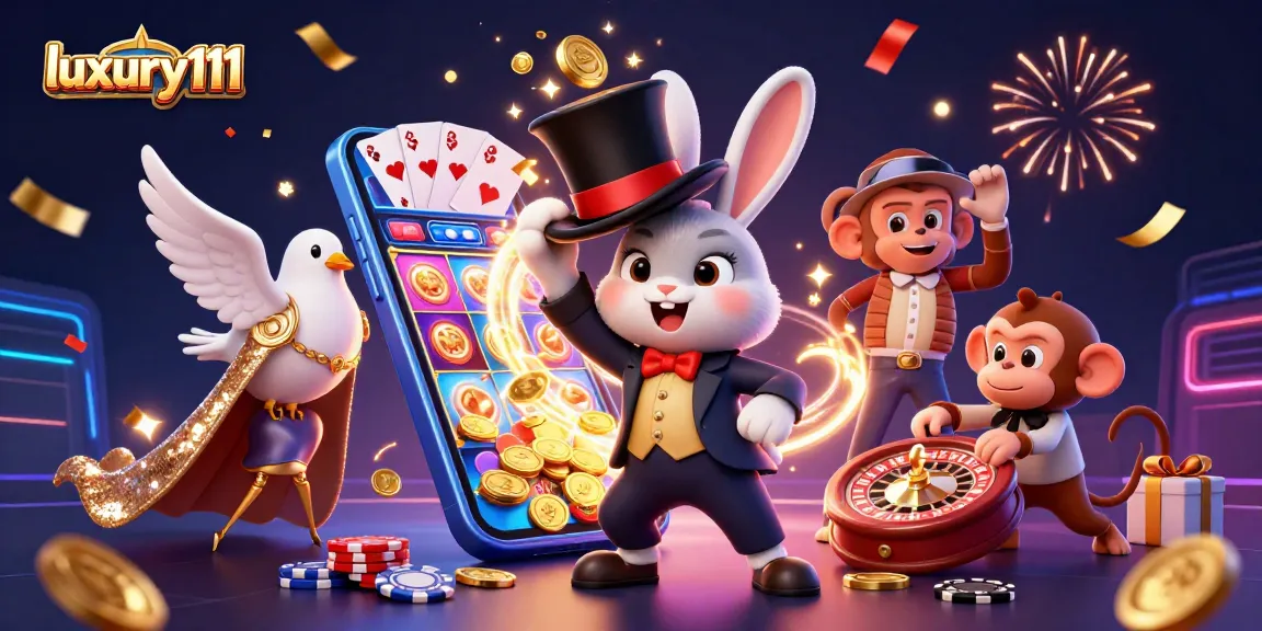 Experience luxury111 with a thrilling 3D illustration of a magician, dove, and mischievous monkey in a vibrant casino setting.
