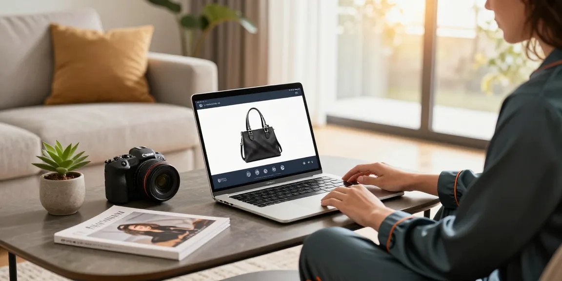 Shopping for luxury 레플리카 products in a cozy modern living room, with stylish accessories and warm lighting.