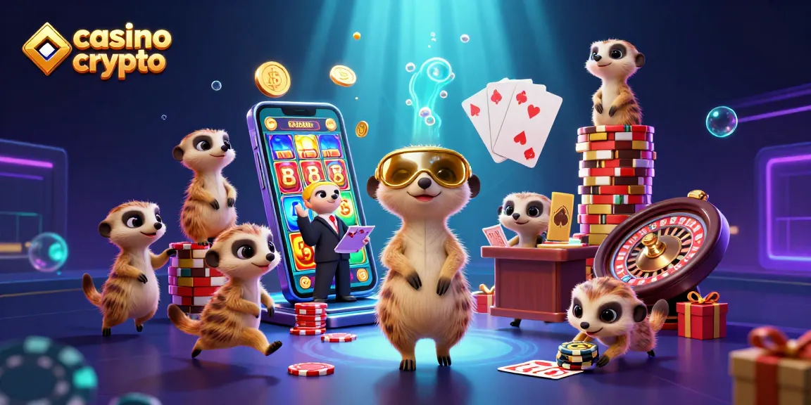 Un groupe de mangoustes gérant un casino crypto, avec des éléments de jeu colorés autour.