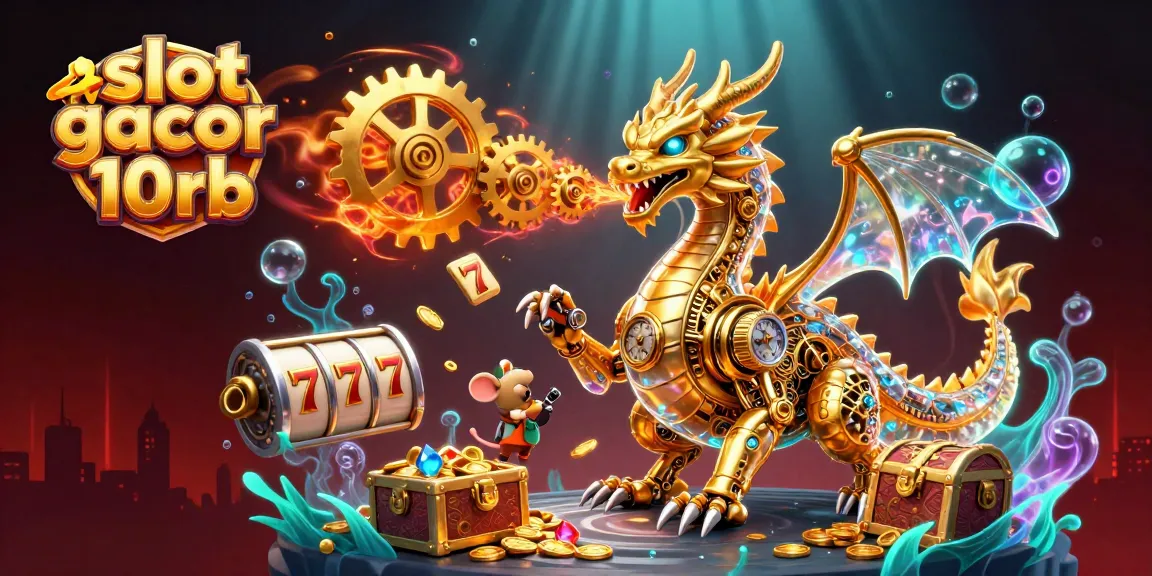 Engage with slot gacor deposit 10rb while exploring a dynamic scene featuring a mechanical dragon amidst explosive treasures and vibrant casino elements.