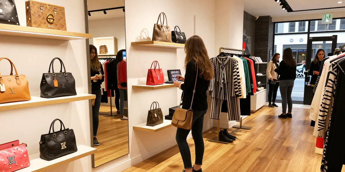 Engaged shopper exploring 레플리카 쇼핑몰 products in a trendy boutique, showcasing vibrant fashion.