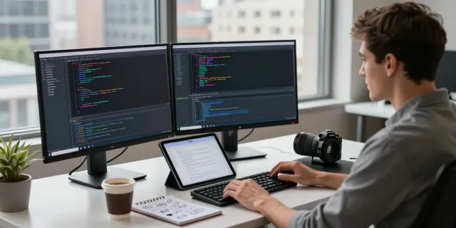 A software developer coding in a modern workspace featuring vibrant notepad elements and a sleek set-up.