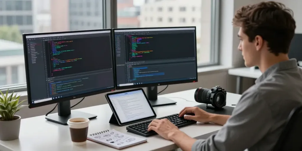 A software developer coding in a modern workspace featuring vibrant notepad elements and a sleek set-up.