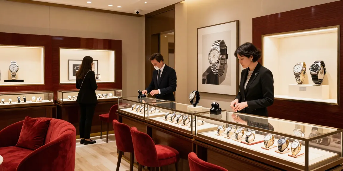Exquisite 시계 레플리카 displayed in an upscale watch boutique, highlighting luxury shopping experience.
