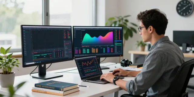 Trader analyzing MetaTrader 5 interface in modern workspace with multiple monitors.