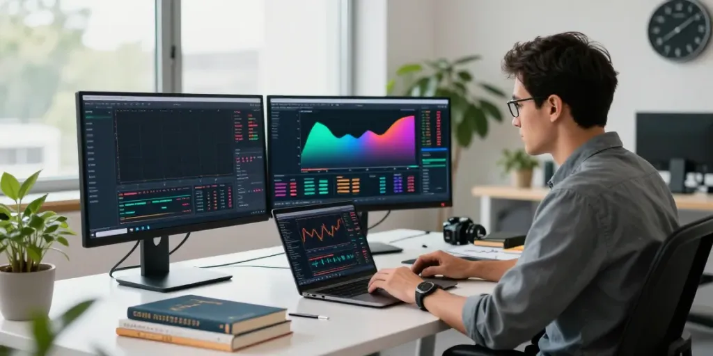 Trader analyzing MetaTrader 5 interface in modern workspace with multiple monitors.