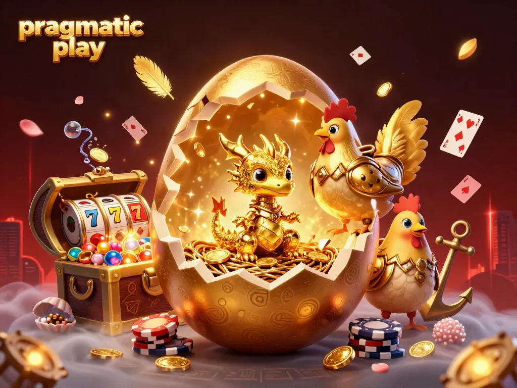 Gambarkan permainan kasino dengan Pragmatic Play, menampilkan naga emas dan keripik poker.
