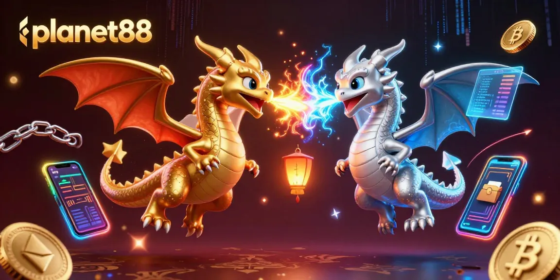 Experience the thrill of planet88 with dynamic dragons and crypto elements in this vibrant illustration.