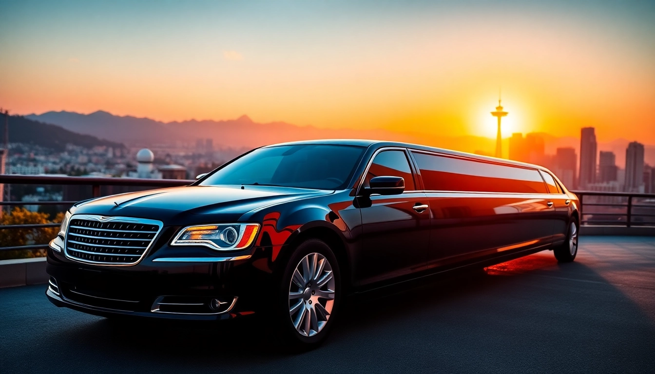 Experience a luxurious Vancouver to Seattle limo parked against a stunning skyline backdrop.