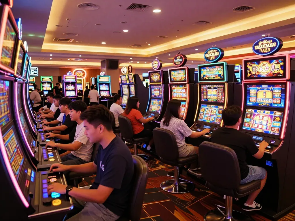 Players enjoy slot bet kecil at vibrant casino slot machines, with illuminated screens and excited expressions.