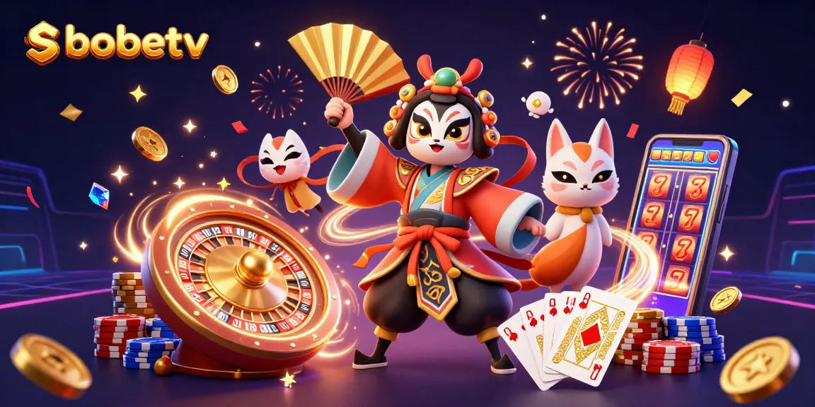 Immerse in sbobetv's vibrant casino scene with dynamic 3D cartoon characters, celebrating gaming.