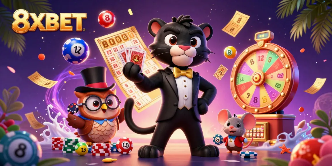 Engage in thrilling gaming with 8XBET, featuring a stylish panther dealer, lively lottery elements, and vibrant casino atmosphere.