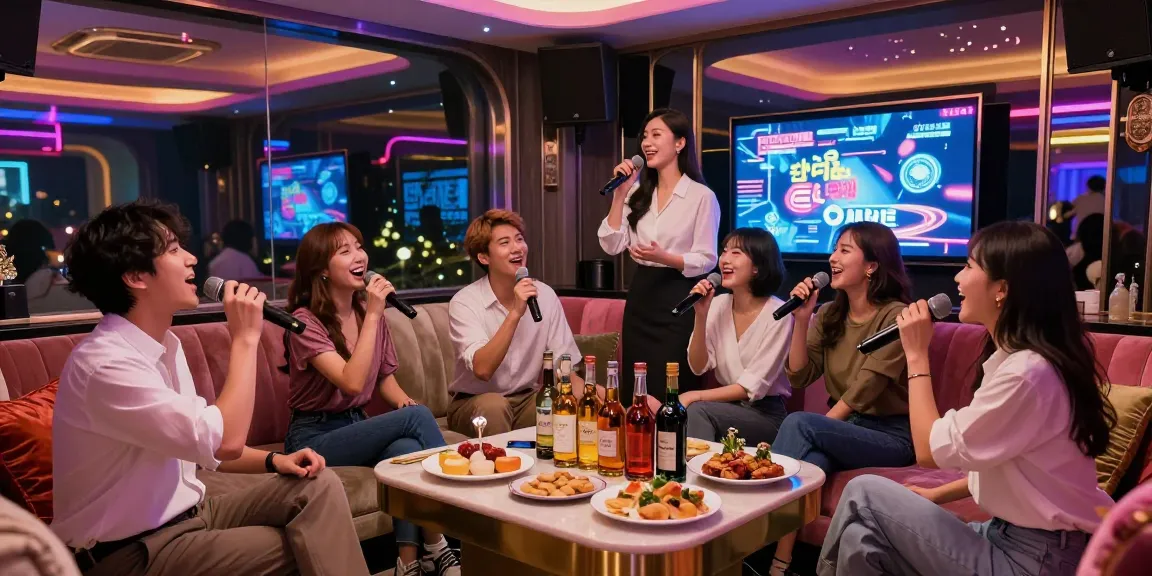 Experience lively 강남가라오케 with friends in a luxurious private room filled with ambient lighting and premium drinks.