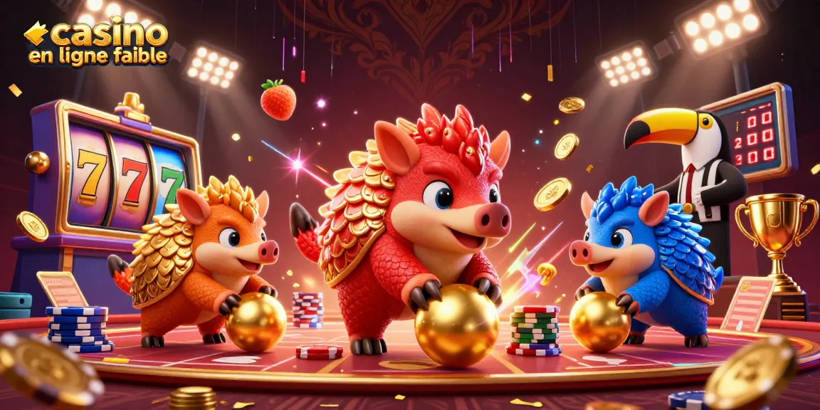 Jouez sur un casino en ligne fiable avec des pangolins magiques lançant des boules d'or et des jetons de poker.