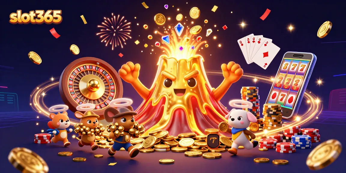 A vibrant 3D scene showcasing slot365 with a golden volcano, treasure-seeking animals, and casino elements.