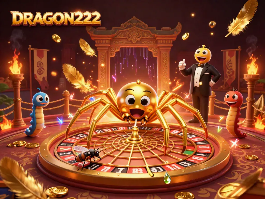 Place bets and win with DRAGON222 in a thrilling 3D casino illustration featuring a golden spider and centipede croupier.
