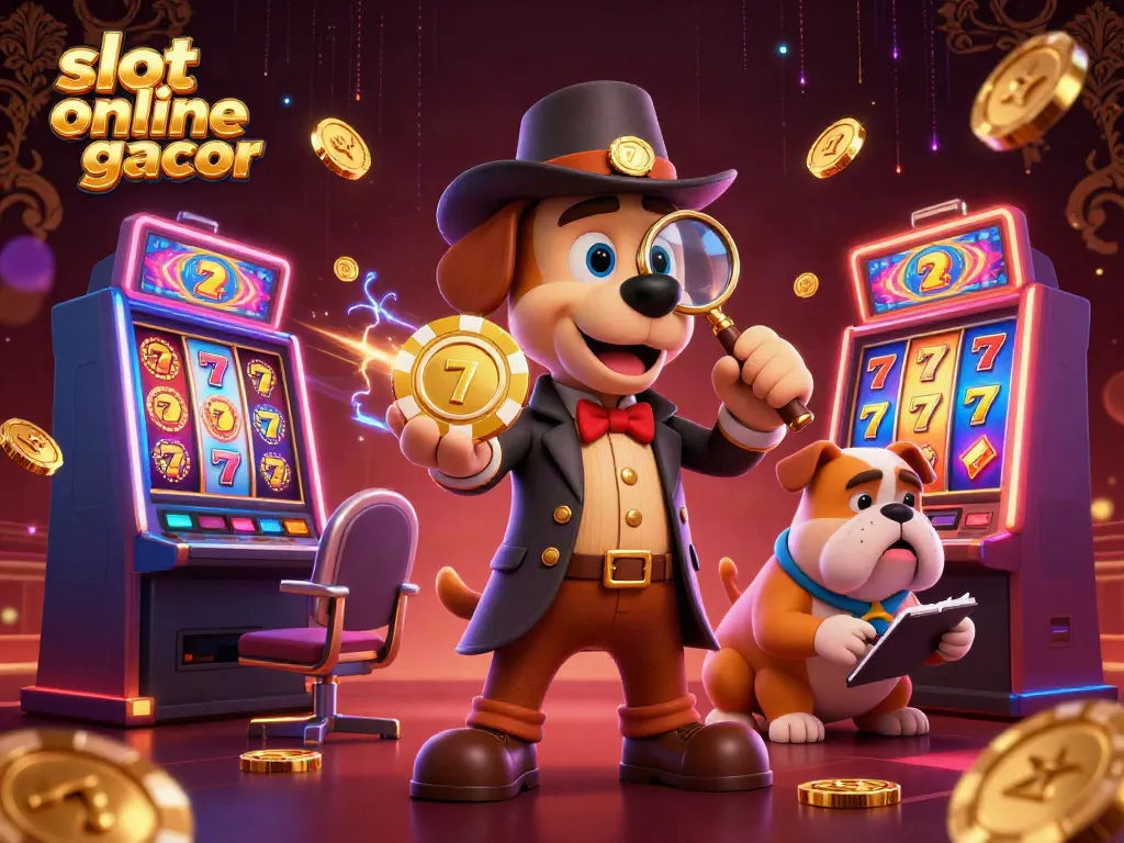 Spin the reels in slot online gacor with cartoon detective dogs surrounded by vibrant casino elements.