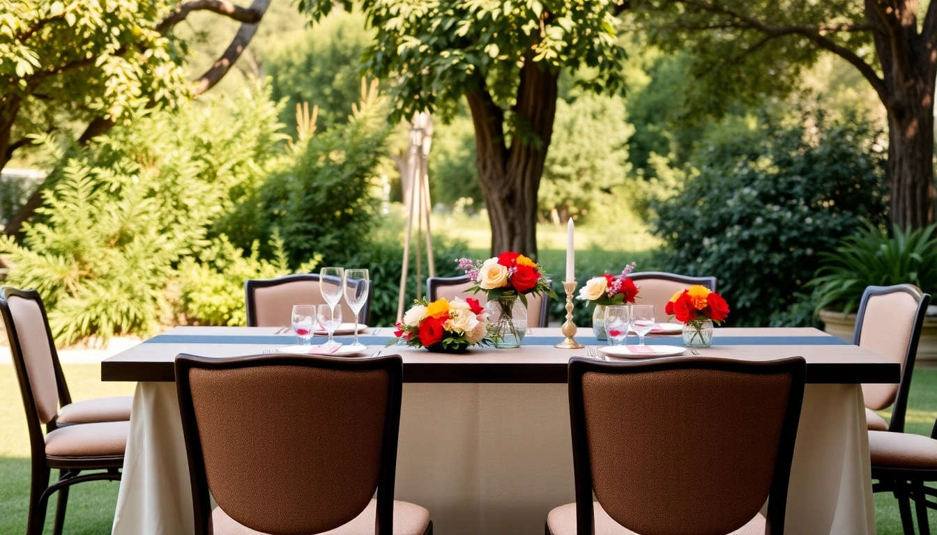 Showcasing Table & Chair Rentals elegantly arranged outdoors with vibrant décor.