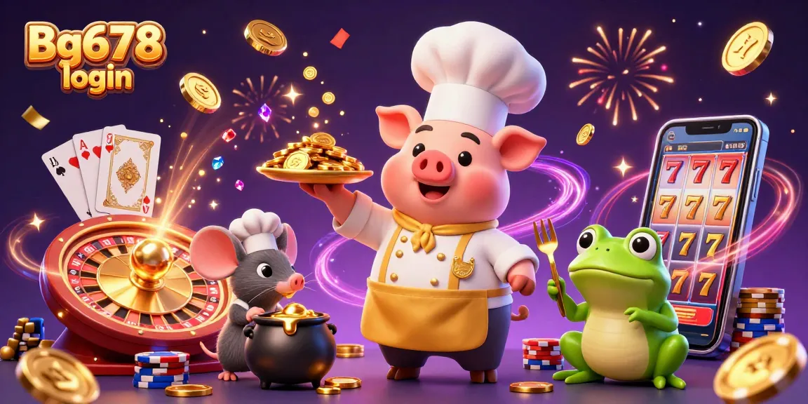 Experience winning moments with Bg678 login, featuring vibrant casino characters amid gold coins and lucky symbols.