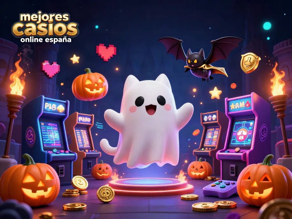 Explora los mejores casinos online en España con un gato fantasma y un murciélago en un casino encantado.