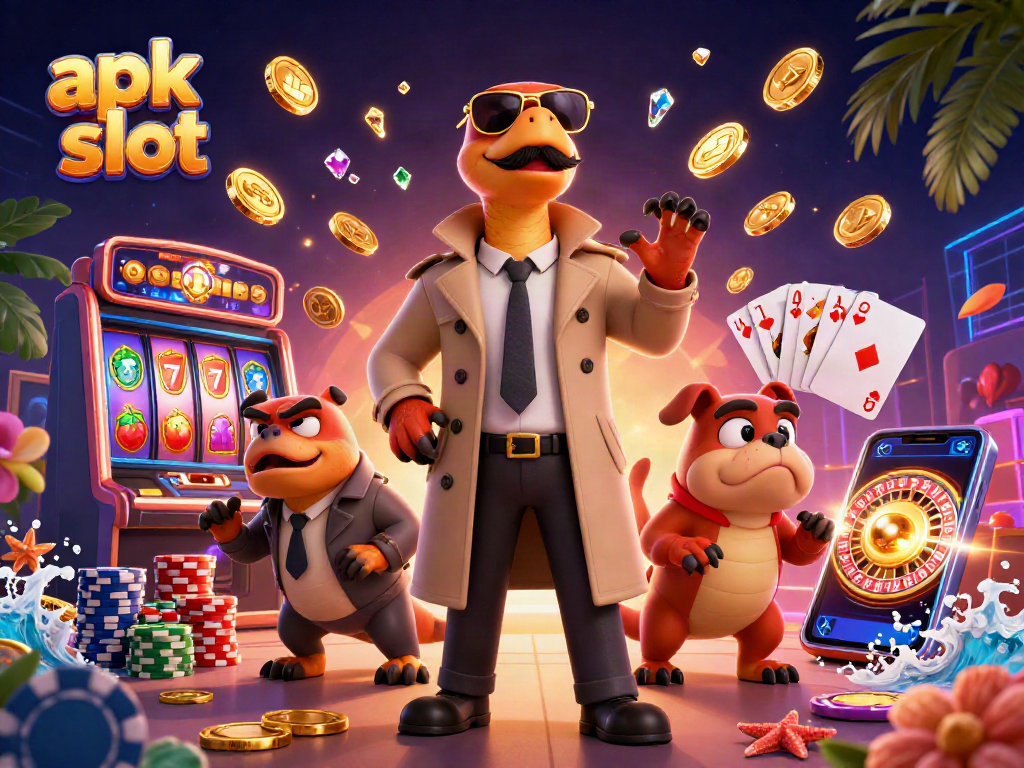 Engaging scene with apk slot characters in a VIP casino, showcasing vibrant slot machine action.