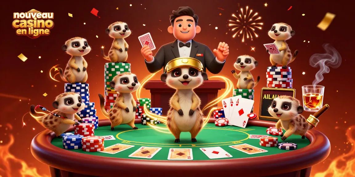 Illustration montrant un nouveau casino en ligne animé avec des suricates en pleine action.
