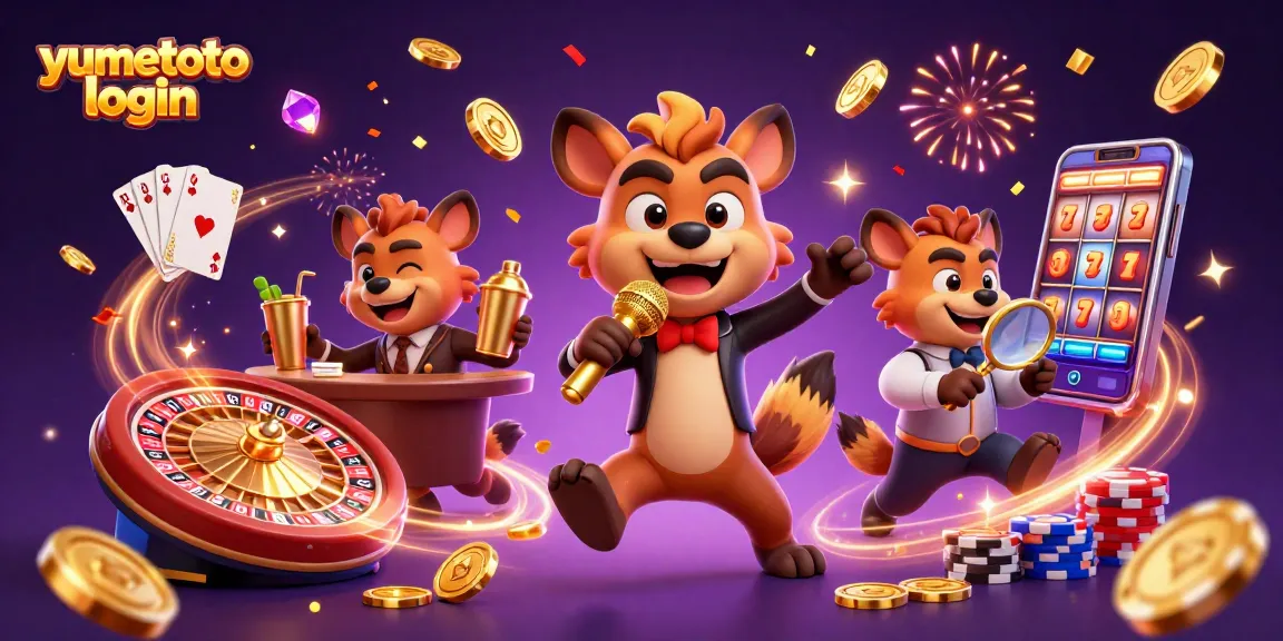 Masuk ke yumetoto login dengan karakter kasino lucu yang menampilkan hyena merayakan keberuntungan di kasino.