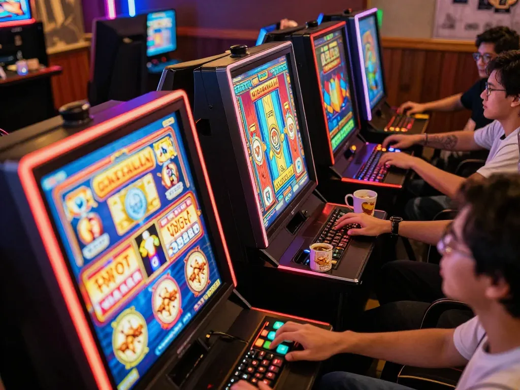 Players engaging in slot gacor sore ini, celebrating wins on colorful online slot machines.