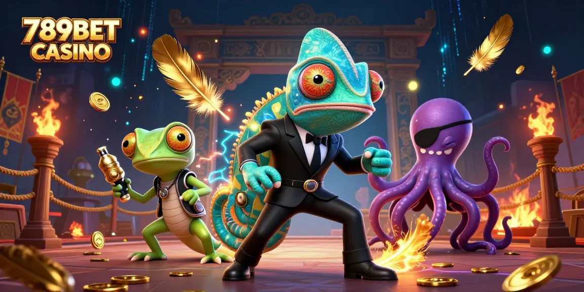 Engage in thrilling action at 789BET CASINO with animated characters battling among vibrant casino symbols.