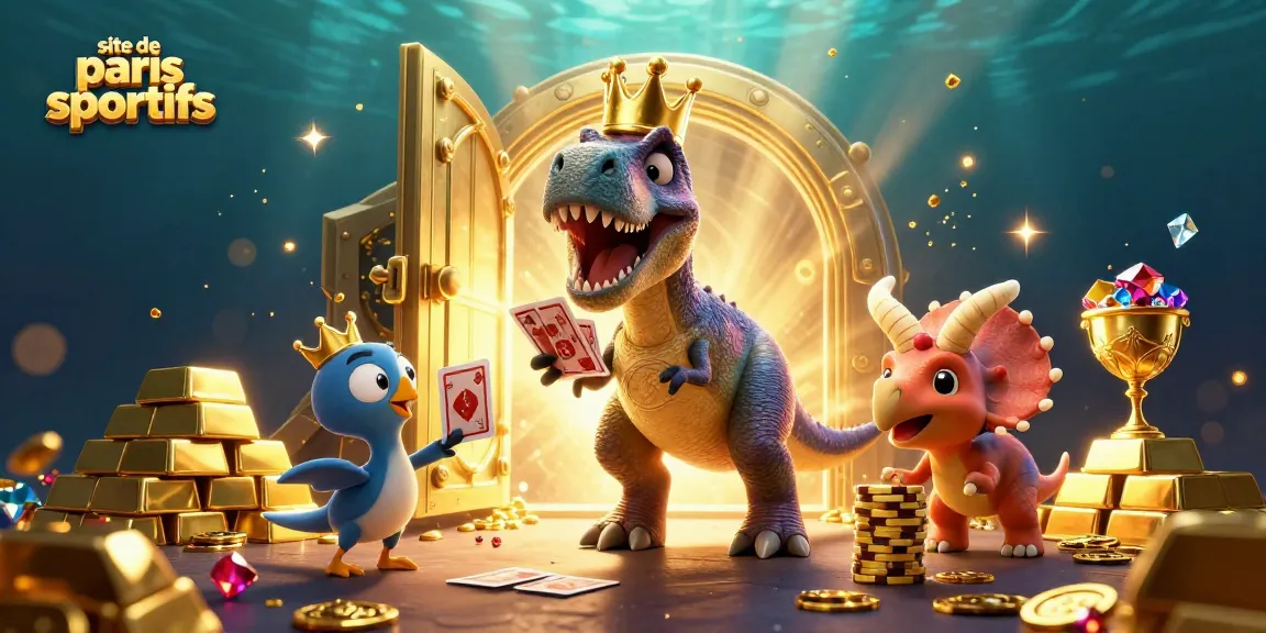 Participer à un site de paris sportifs avec un T-Rex joueur, des cartes et des jetons brillants.