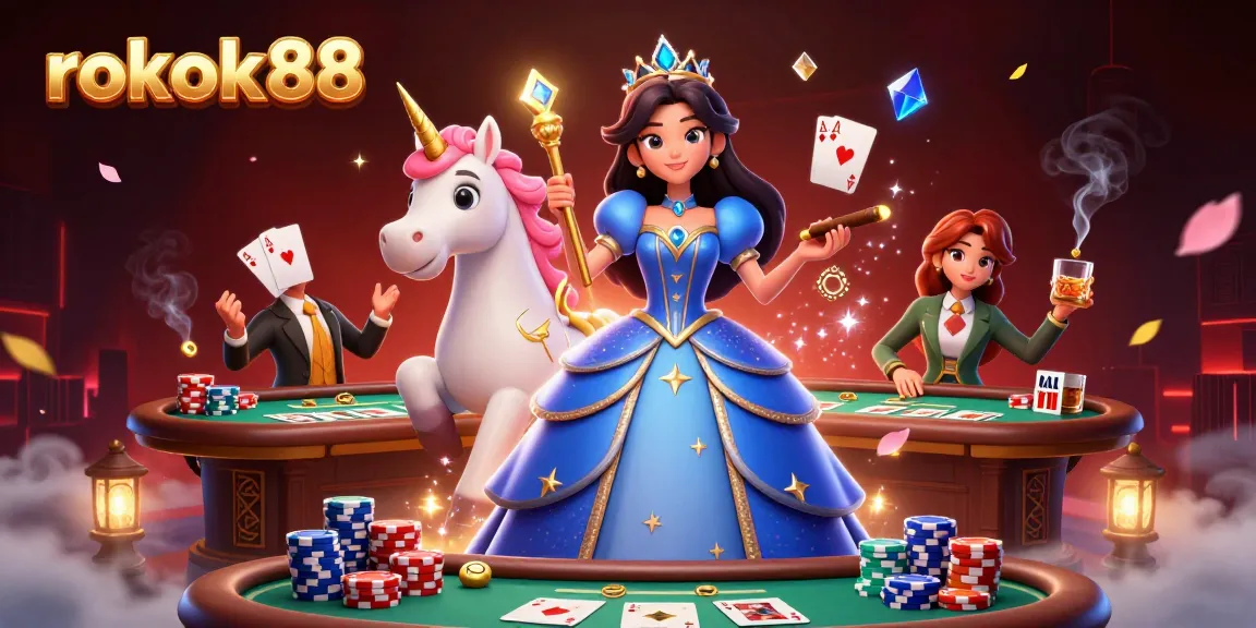 Experience thrilling gameplay at rokok88, showcasing a vibrant 3D casino scene with poker elements.