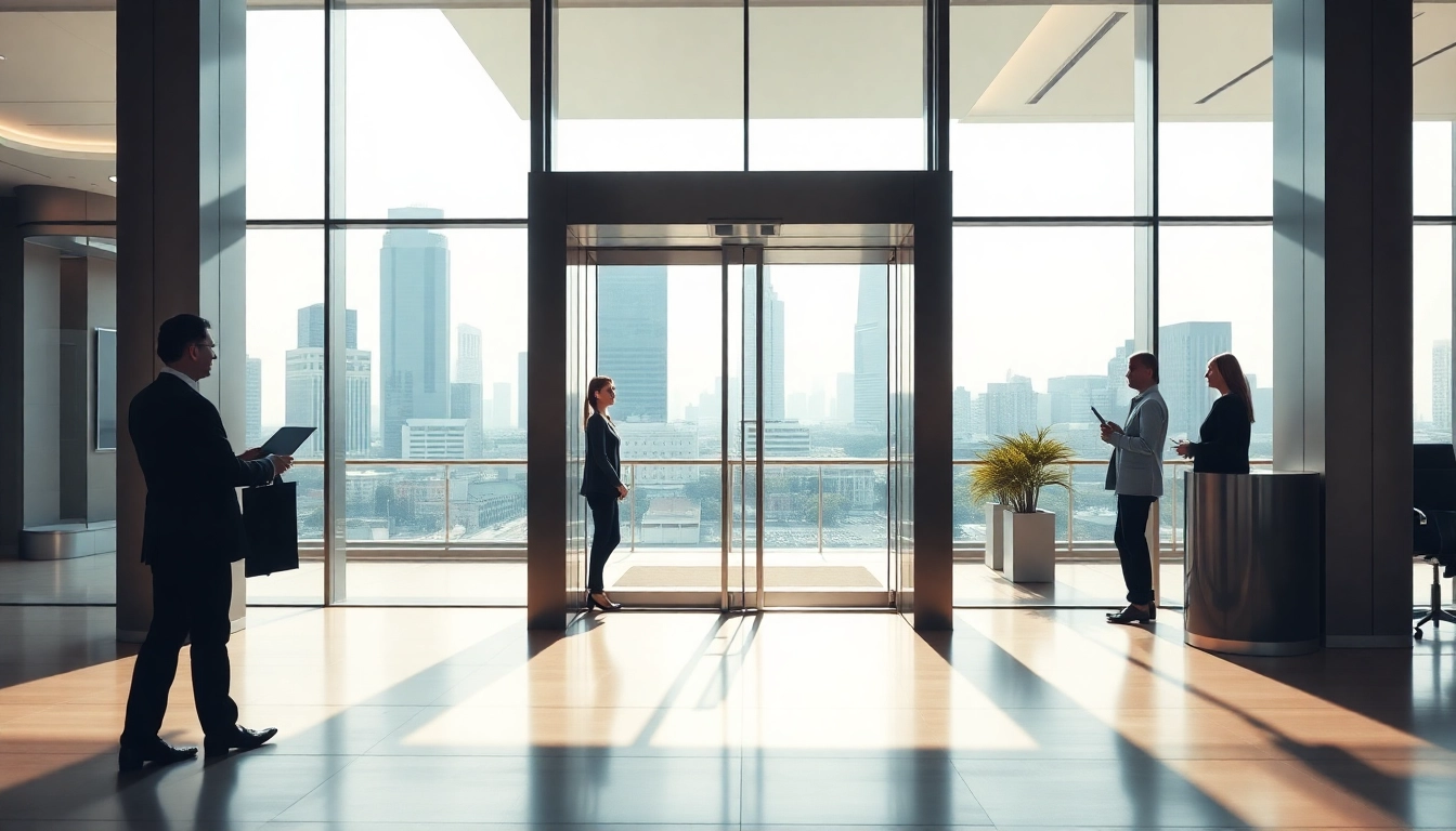Engaging visual of Commercial Automatic Doors at a modern office entrance welcoming visitors.