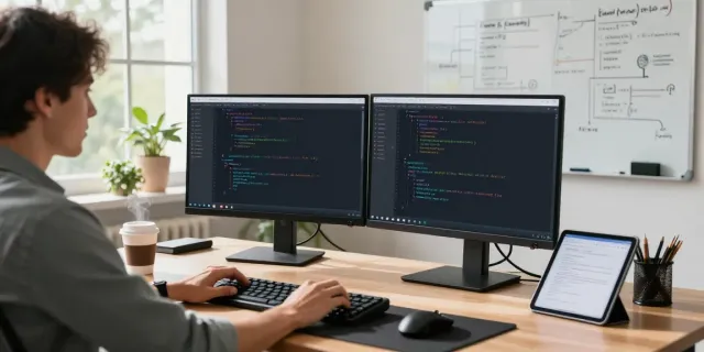 Workspace with dual monitors displaying Notepad++ code editor on https://notepad-app.co/