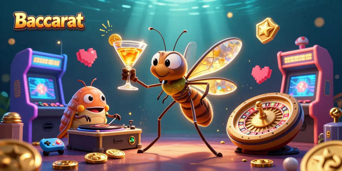 Baccarat game illustration with a cartoon mosquito mascot, trilobite DJ, and golden roulette wheel.