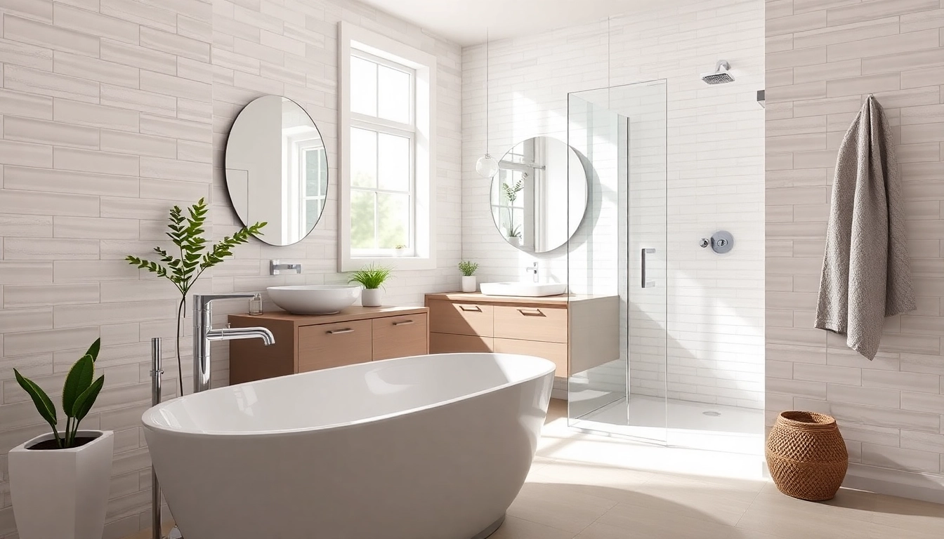 Stylish small bathroom remodel featuring a modern freestanding tub and elegant fixtures.