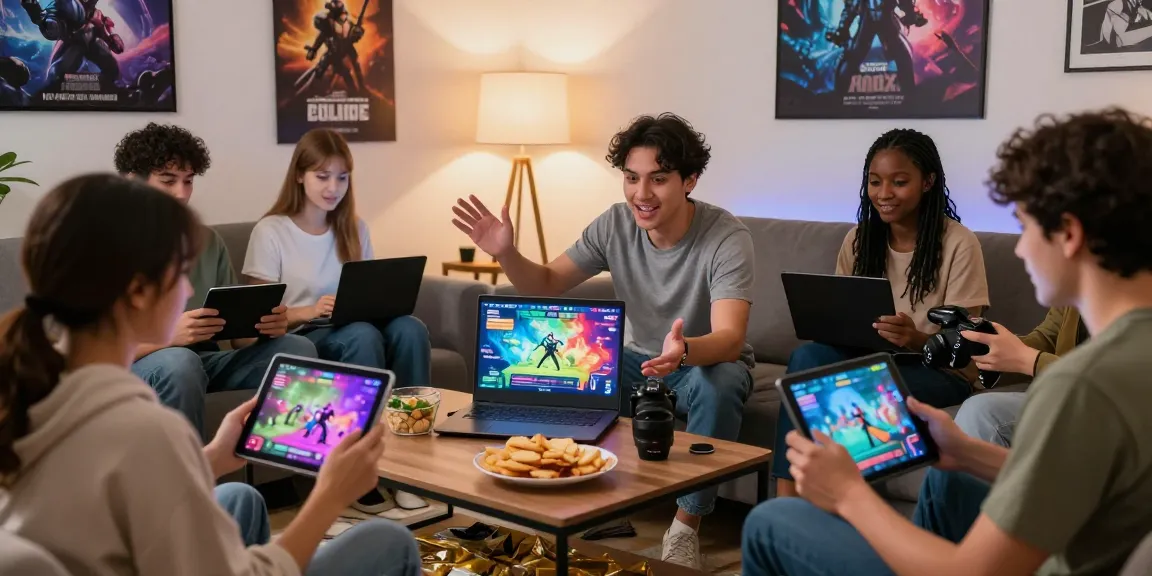 Engaged group playing html porn games in a cozy living room atmosphere