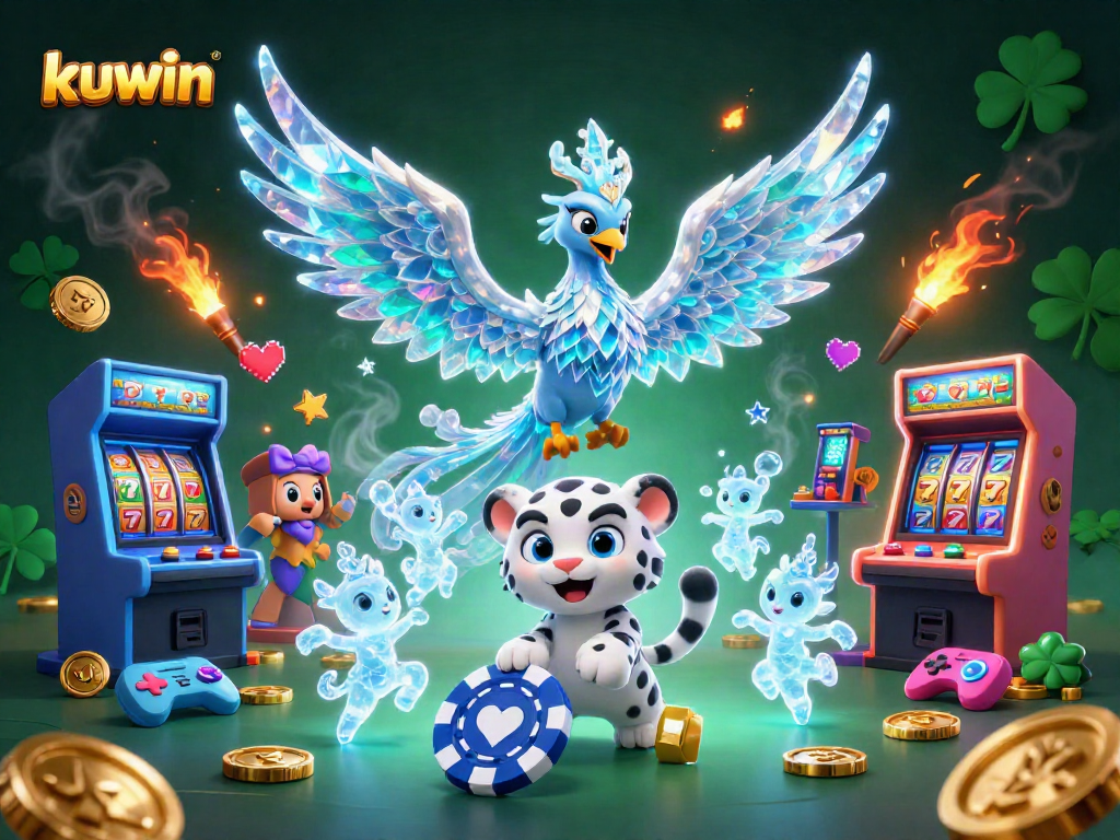 Kuwin's dynamic casino scene showcases an ice phoenix, snow leopard cub, and festive game elements.