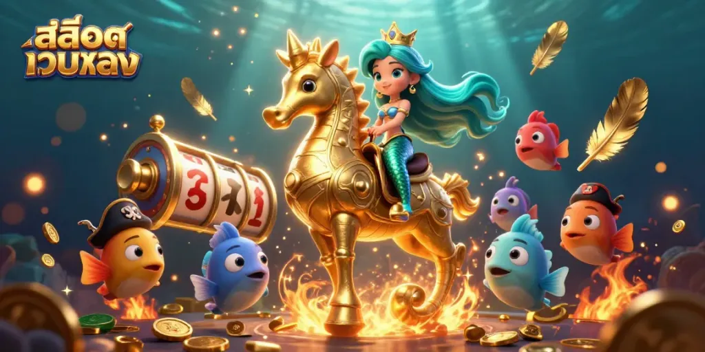 Experience the thrill of สล็อตเว็บตรง in this vibrant 3D scene with a mermaid, seahorse, and casino elements.