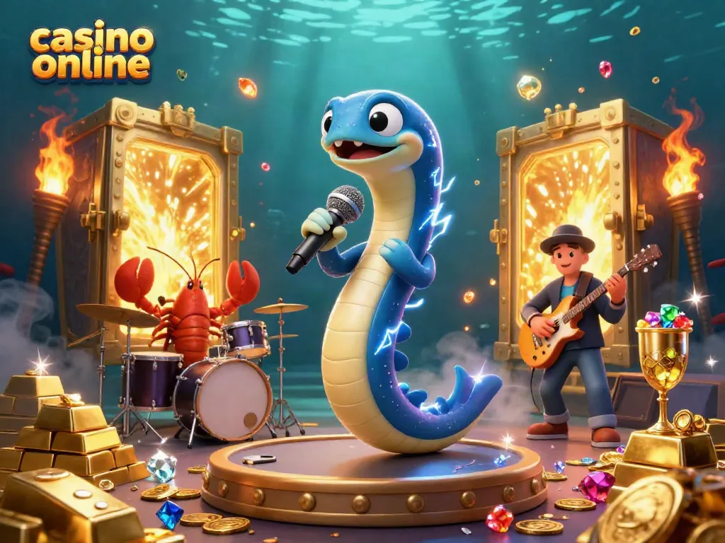 Disfruta de emocionantes juegos en un casino online con un eléctrico DJ y su banda en un escenario submarino.