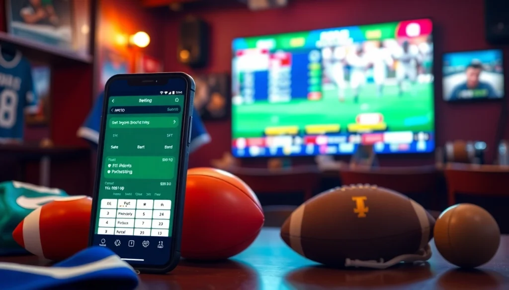 Engaging sports betting in India setup with smartphone and sports memorabilia in a lively bar.