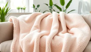 Fleece dekentje op een moderne bank met zachte texturen en warme sfeer.