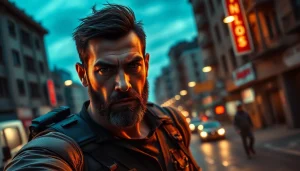 Showcasing an intense hero in a suspenseful cityscape, highlighting shows similar to reacher series.