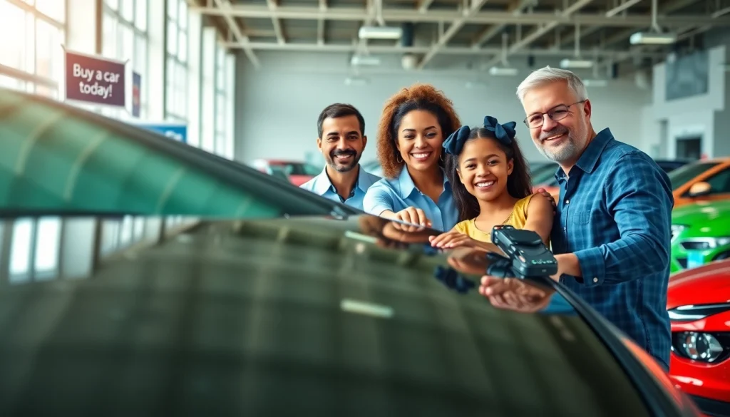 Family joyfully inspecting a car at a dealership while planning to Buy a car.