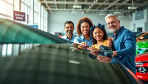 Family joyfully inspecting a car at a dealership while planning to Buy a car.
