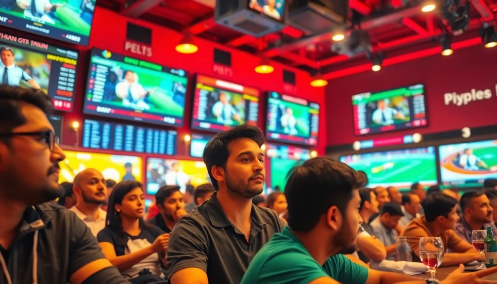 Engage in sports betting in India with fans cheering during live games in an energetic sports bar setting.