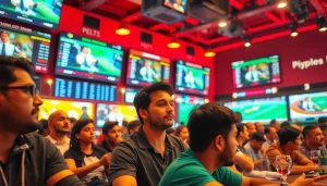 Engage in sports betting in India with fans cheering during live games in an energetic sports bar setting.