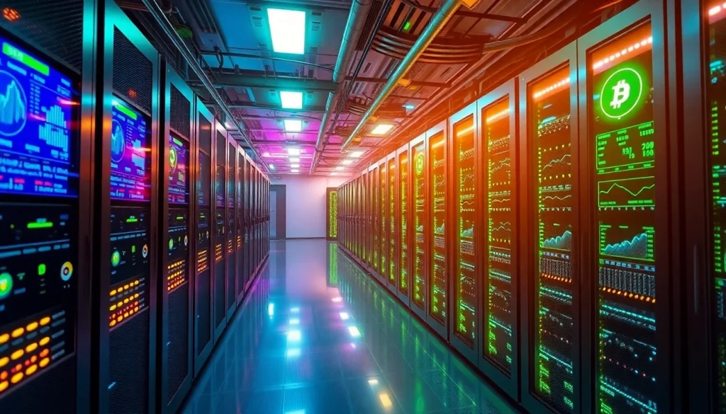 Dogecoin cloud mining facility showcasing high-tech servers and mining data.