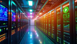 Dogecoin cloud mining facility showcasing high-tech servers and mining data.